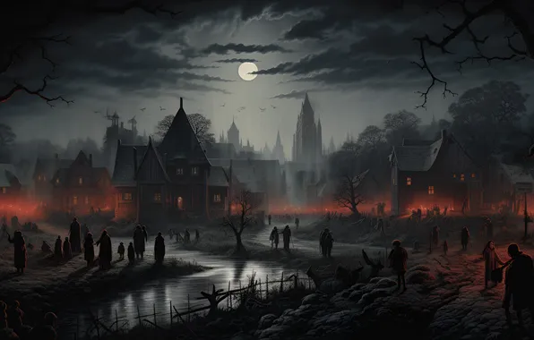 Picture trees, night, the moon, Halloween, river, horror