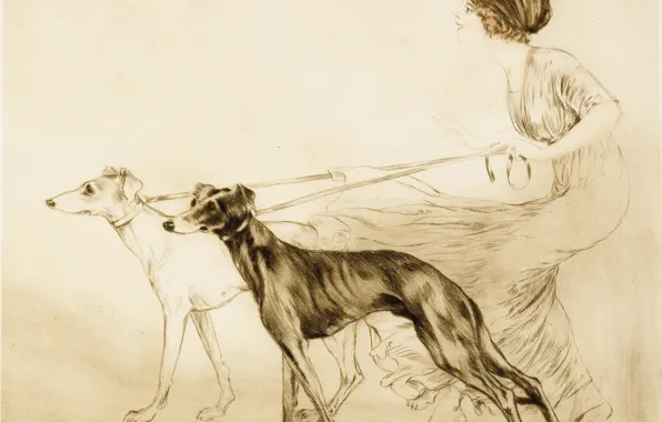1913, etching, dry needle, Hunting with hounds, Louis Icart, art Deco
