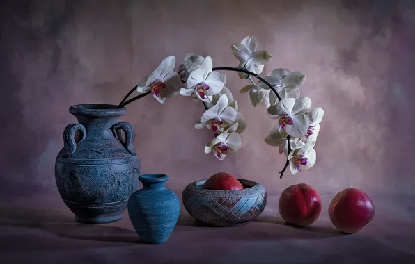 Flowers, branches, dishes, red, vase, bowl, pitcher, fruit
