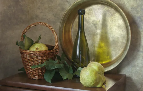 Basket, bottle, pear, still life, Taz