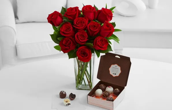 Picture white, red, box, chocolate, roses, vase