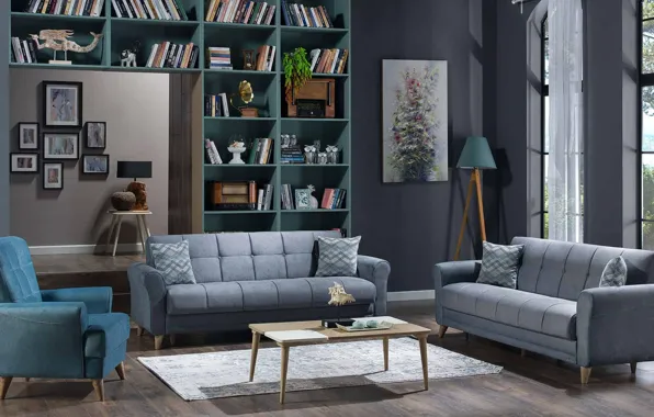 Design, style, room, interior, library, living room, upholstered furniture, color combination