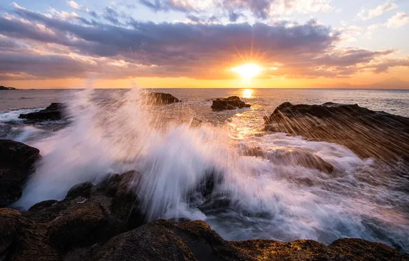 Picture the sky, the sun, clouds, rays, sunset, stones, shore, the evening