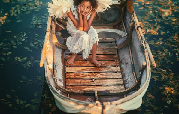 Picture pose, mood, boat, wings, angel, girl, curls, pond