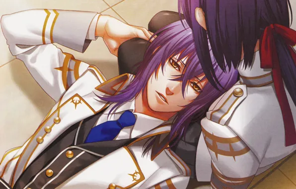 Picture tie, buttons, two, bow, art, military uniform, visual novel, Kamigami no Asobi