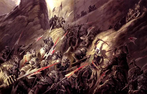 Picture armor, rocks, army, battle, swords, Dark Elf, enemy, Orcs