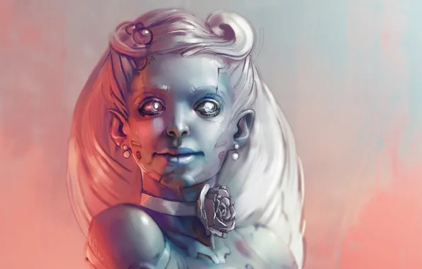 Look, girl, face, robot, roses, hairstyle