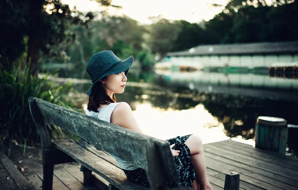 Picture eyes, girl, bench, lake, hair, hat, mirror