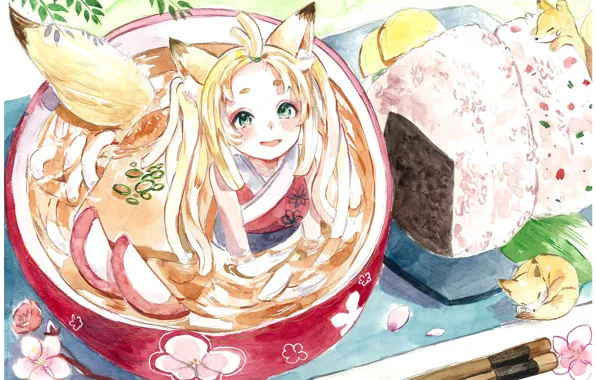 Sakura, girl, Fox, cubs, onigiri, Udon