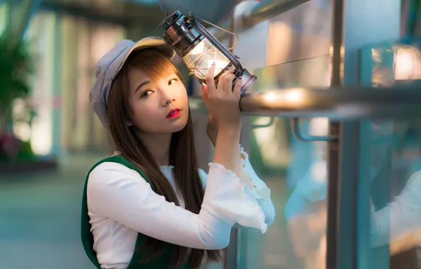 Girl, light, lamp, lantern, cap, Asian, bokeh