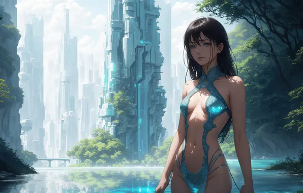 Girl, fantasy, nature, anime, art, cyberpunk, painting, fantasy art