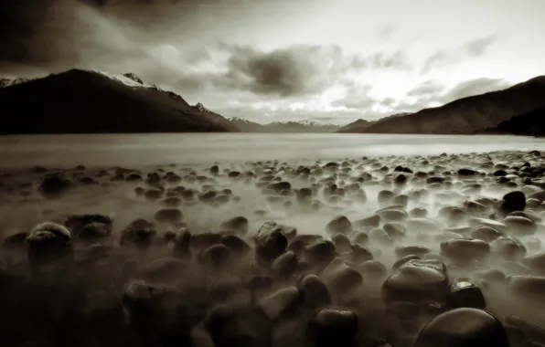 Mountains, fog, stones, Sepia