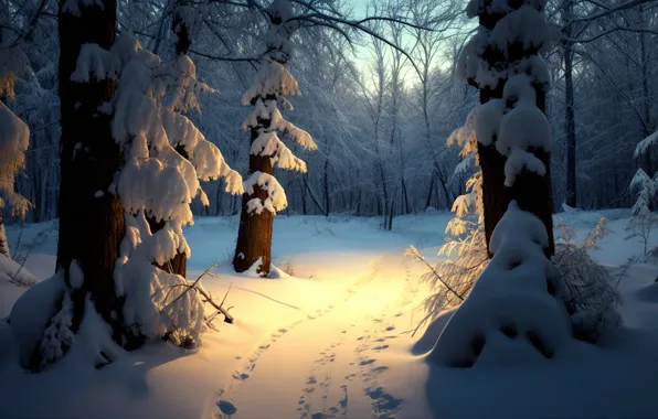 Winter, frost, road, forest, light, snow, trees, nature