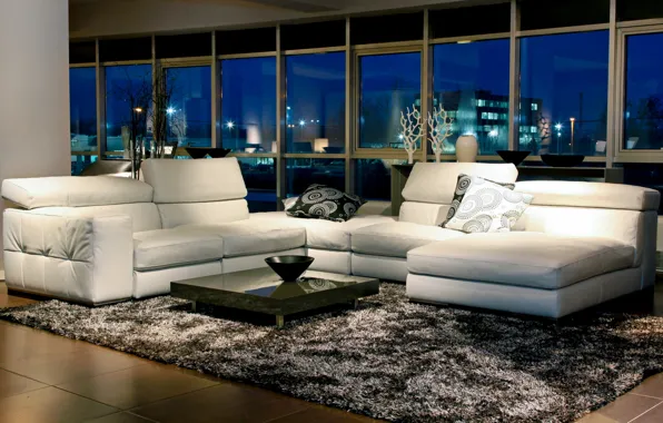 White, night, design, style, room, sofa, carpet, furniture