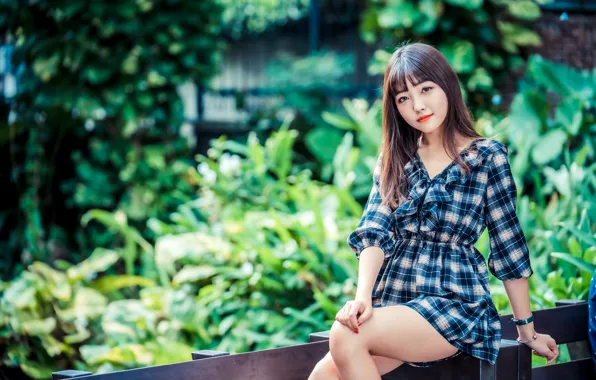 Model, portrait, makeup, garden, figure, dress, hairstyle, brown hair