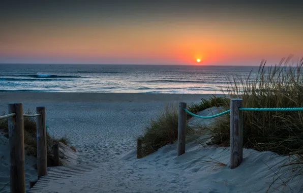 Sand, sea, beach, grass, the sun, sunset, relax, the descent