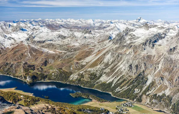 Picture trees, mountains, lake, rocks, field, Switzerland, Alps, panorama