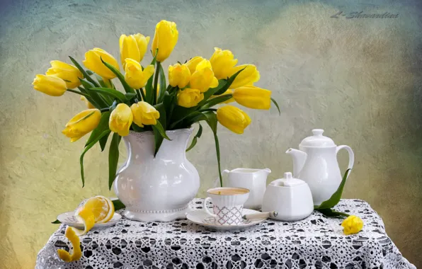 Picture lemon, tea, tulips, dishes, still life