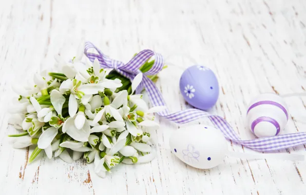 Flowers, eggs, spring, colorful, snowdrops, Easter, happy, wood