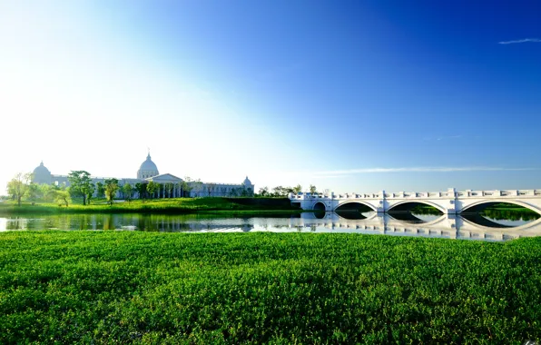 Picture greens, the sky, grass, bridge, river, the building, plants, arch
