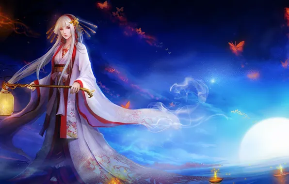 Picture water, butterfly, night, the moon, candles, lantern, kimono, priestess