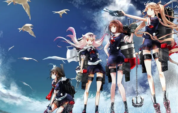 Picture the sky, clouds, birds, weapons, girls, anime, art, the shiratsu