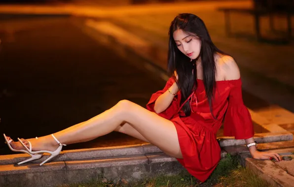 Picture Asian, sandals, sitting on the curb