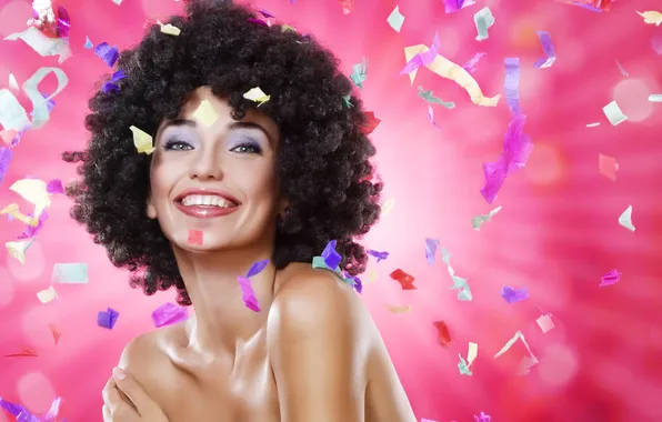 Look, girl, smile, curls, confetti, gray-eyed