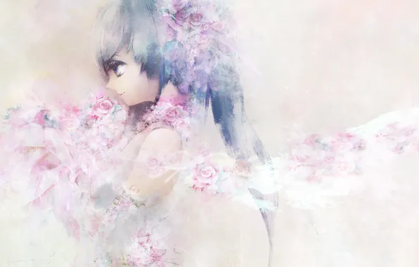 Picture girl, flowers, wings, art, Hatsune Miku, Vocaloid, Vocaloid