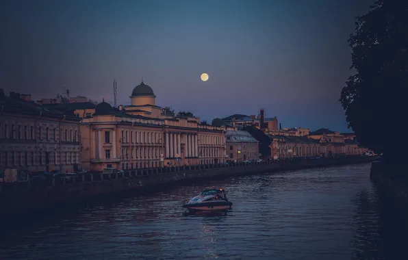 River, the moon, the evening, Russia, promenade, Peter, Saint Petersburg, SPb