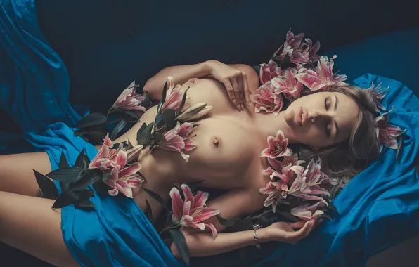 Chest, girl, flowers, pose, model, naked, body, makeup