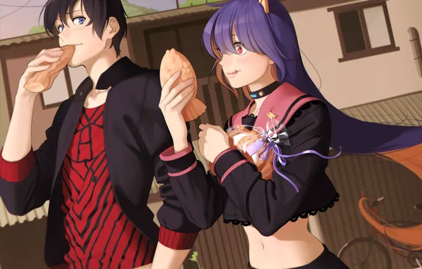 Girl, the city, food, anime, art, pair, guy