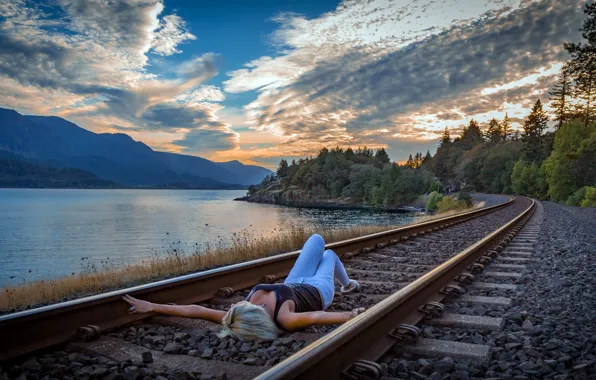 Picture girl, river, railroad