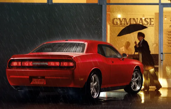 Picture red, rain, woman, umbrella, muscle car, Dodge, dodge, challenger