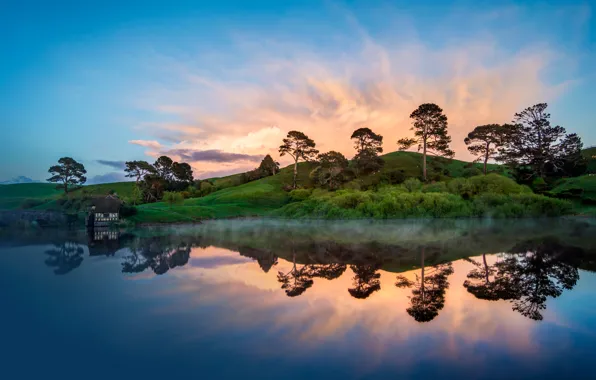 Trees, lake, hills, morning, house
