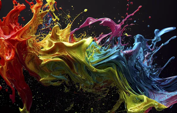 Drops, squirt, blue, yellow, red, the dark background, paint, wave