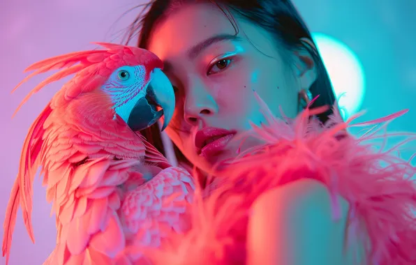 Look, girl, pose, pink, bird, portrait, feathers, brunette
