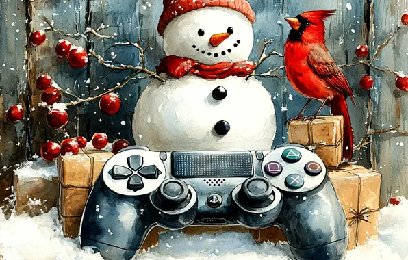 Winter, snow, branches, retro, berries, table, wall, bird