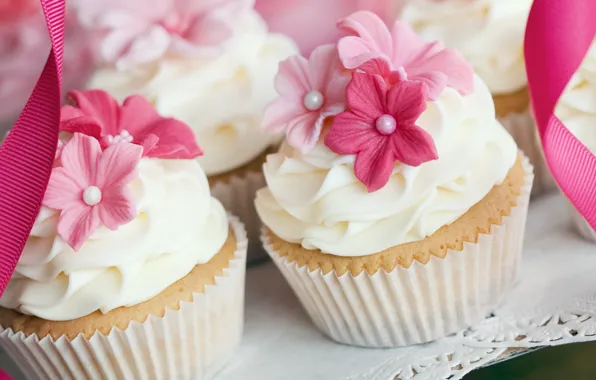 Decoration, flowers, cream, dessert, cakes, sweet, cupcakes
