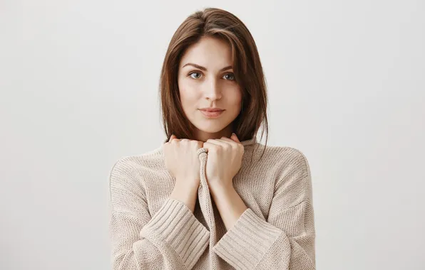 Look, girl, background, portrait, hands, brown hair, beautiful, jacket