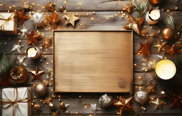 Stars, balls, gold, holiday, Board, frame, candles, frame