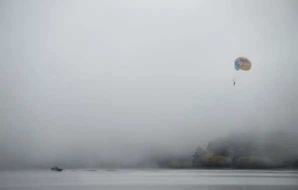 Fog, lake, parachute