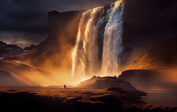 Landscape, sunset, mountains, nature, rendering, waterfall, art, digital painting