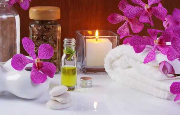Flowers, oil, towel, candles, flowers, Spa, Spa, candles