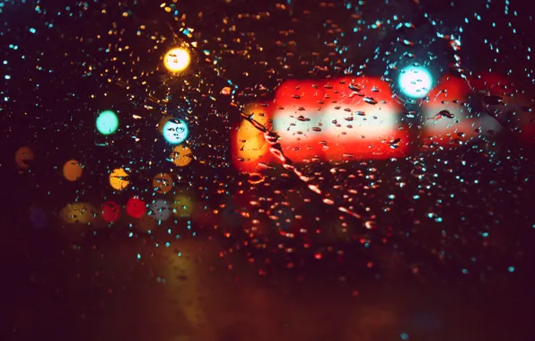 Picture glass, color, drops, macro, lights, glare, rain
