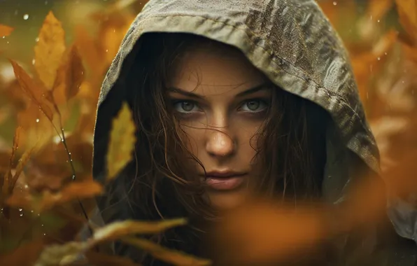 Autumn, look, leaves, girl, drops, branches, nature, face