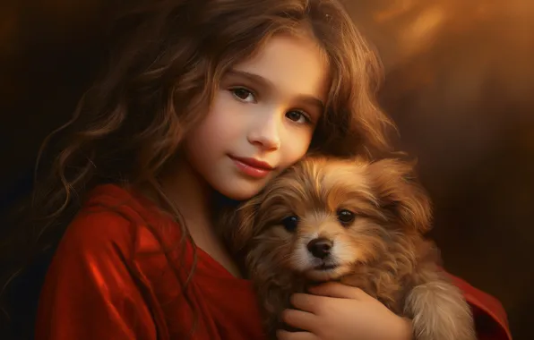 Look, light, smile, hand, portrait, dog, red, girl