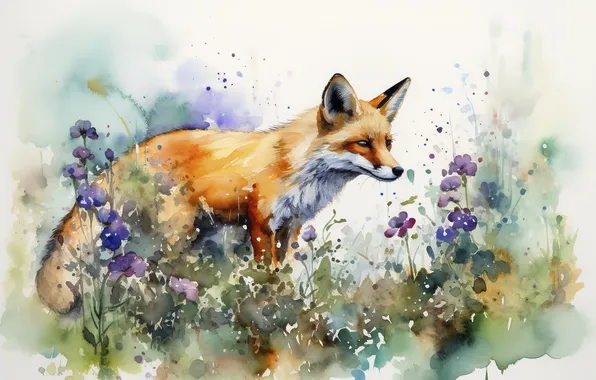 Summer, look, flowers, glade, divorce, watercolor, Fox, white background