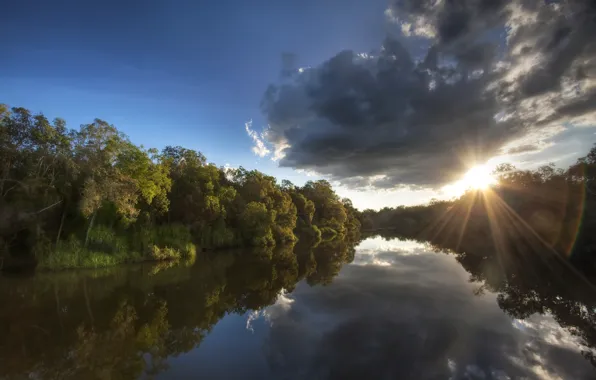 Picture forest, the sky, the sun, clouds, rays, trees, reflection, river