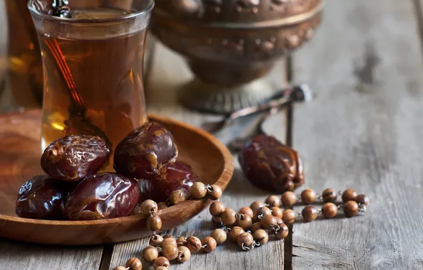 Tea, beads, bowl, dates